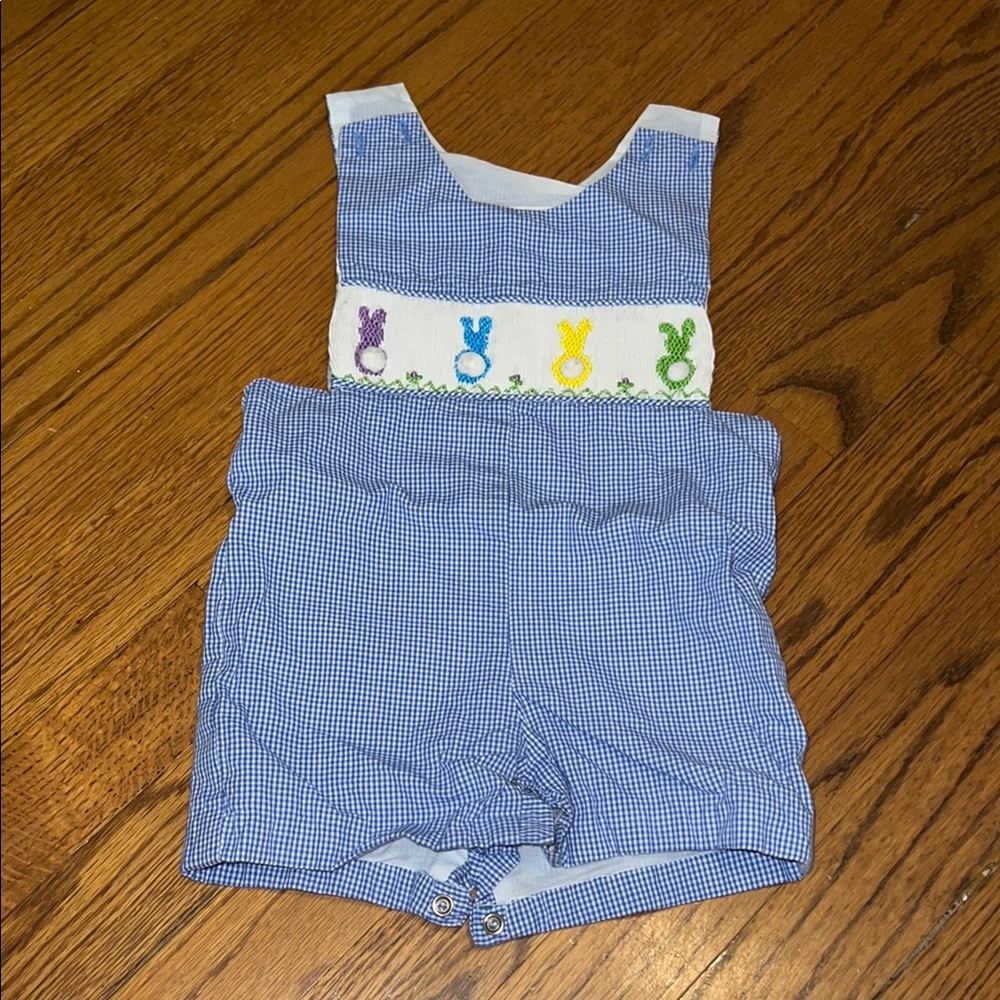 Blue Gingham Baby Romper with smocked Easter Bunnies